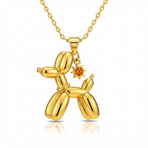 Custom Stainless Steel Balloon Dog Pendant Necklace with Orange Zirconia Stone